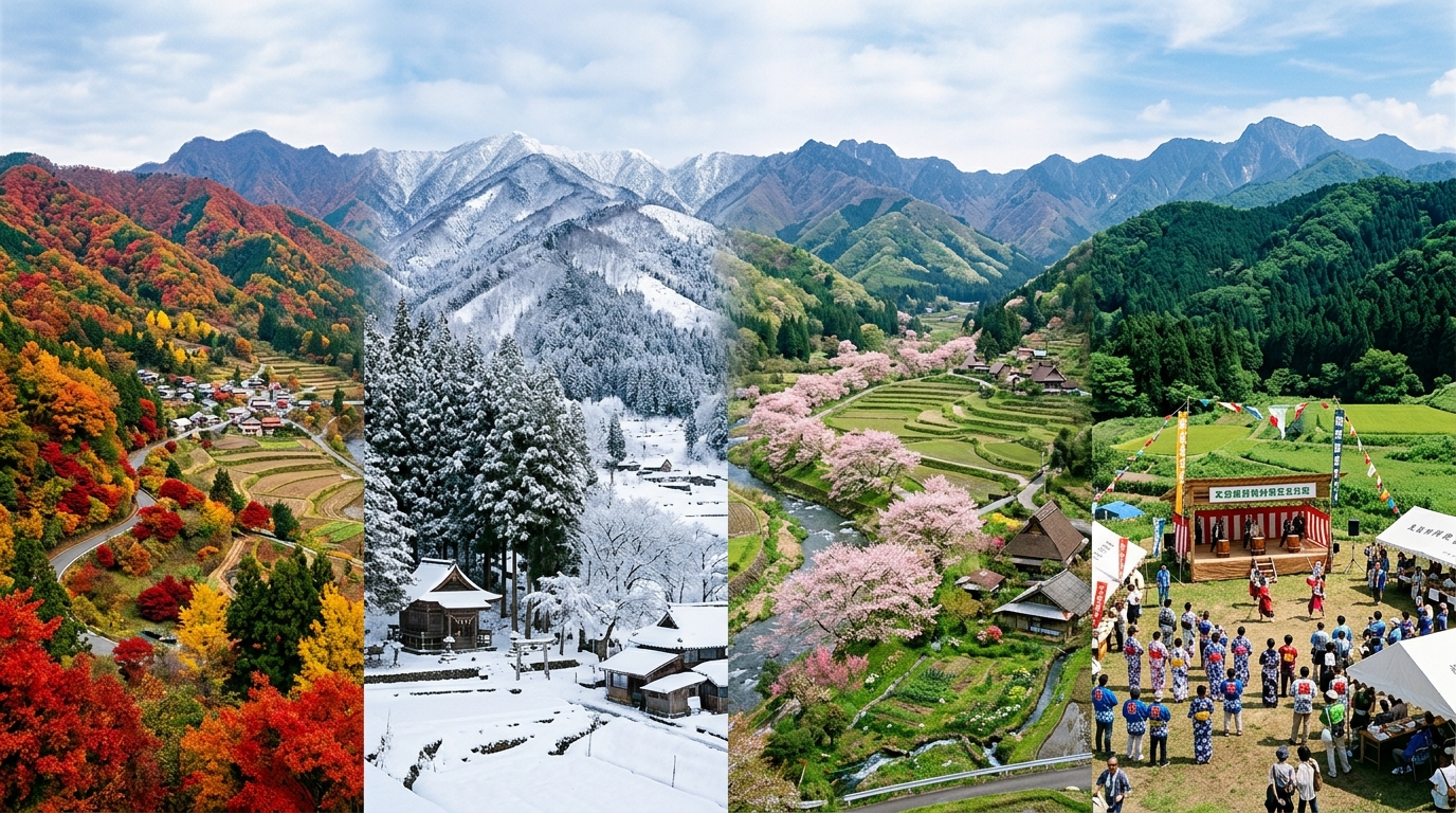 Fresque des saisons à Kumakogen illustrant le calendrier opérationnel 2026-2027